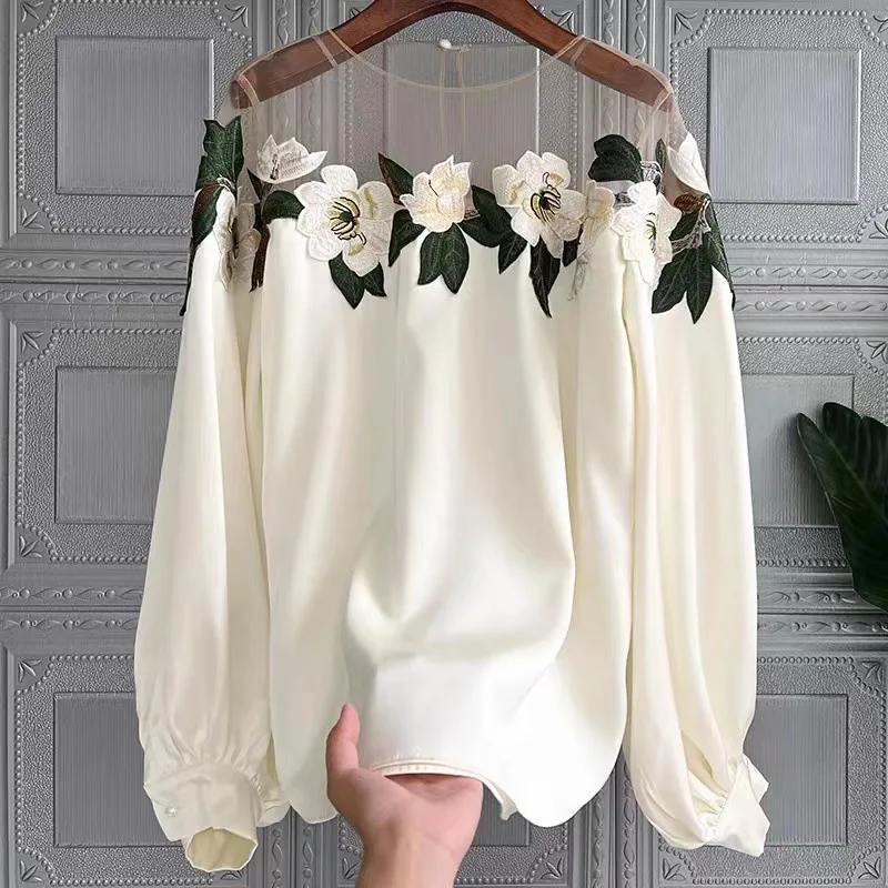 Wholesale 2026 Summer Design Feel Lace Splice Embroidery New Fashion Long Sleeve Temperament Women's Shirts