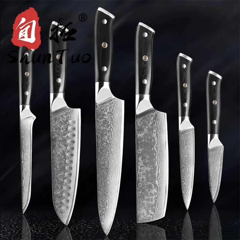 

SHUNTUO couteau three rivets 6 piece japanese 67 layer vg10 full tang chef damascus steel knife set, Customized color