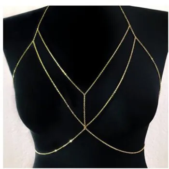 

New High Quality Women Rhinestone Crystal Gold/Silver Cross Body Chain Fashion Bra Chest Chain Jewelry