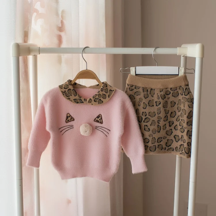 

2019 Boutique children clothing baby girl leopard print sweater and skirt 2pcs set sweatshirt pullover suit wool sweater costume, As picture