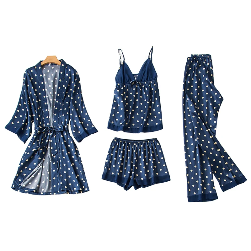 

Women Pajamas Sets Satin Sleepwear Silk 4-piece Nightwear Strap Lace Sleep Lounge Pajamas