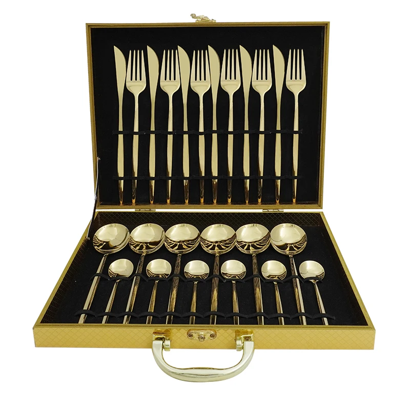 

Modern luxury wedding Plated Gold Portable Wooden Box 24 Pcs Silverware Golden Cutlery Set Stainless Steel