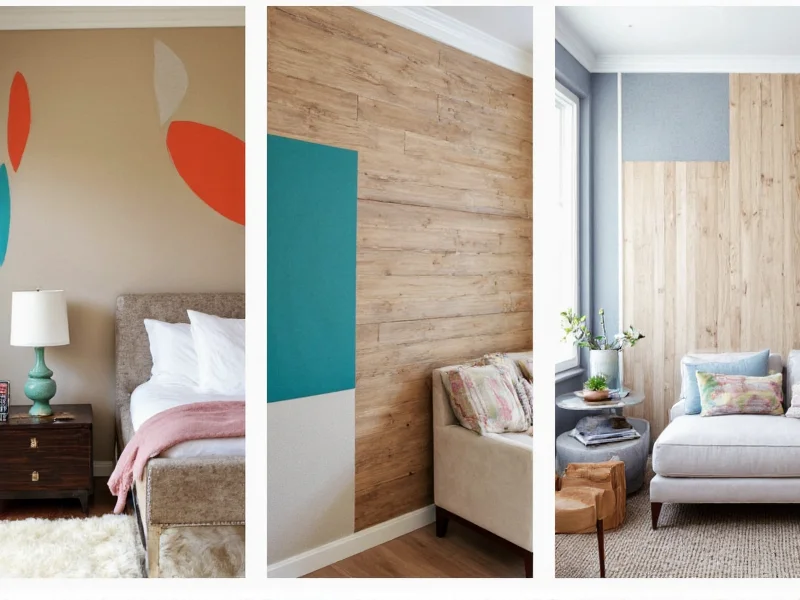 Three accent wall styles: geometric paint, wood planks, fabric panels
