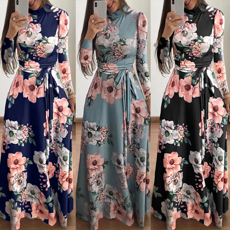 

floral casual dresses 2021 Turtleneck Bandage Elegant O-neck long sleeve Maxi Dress