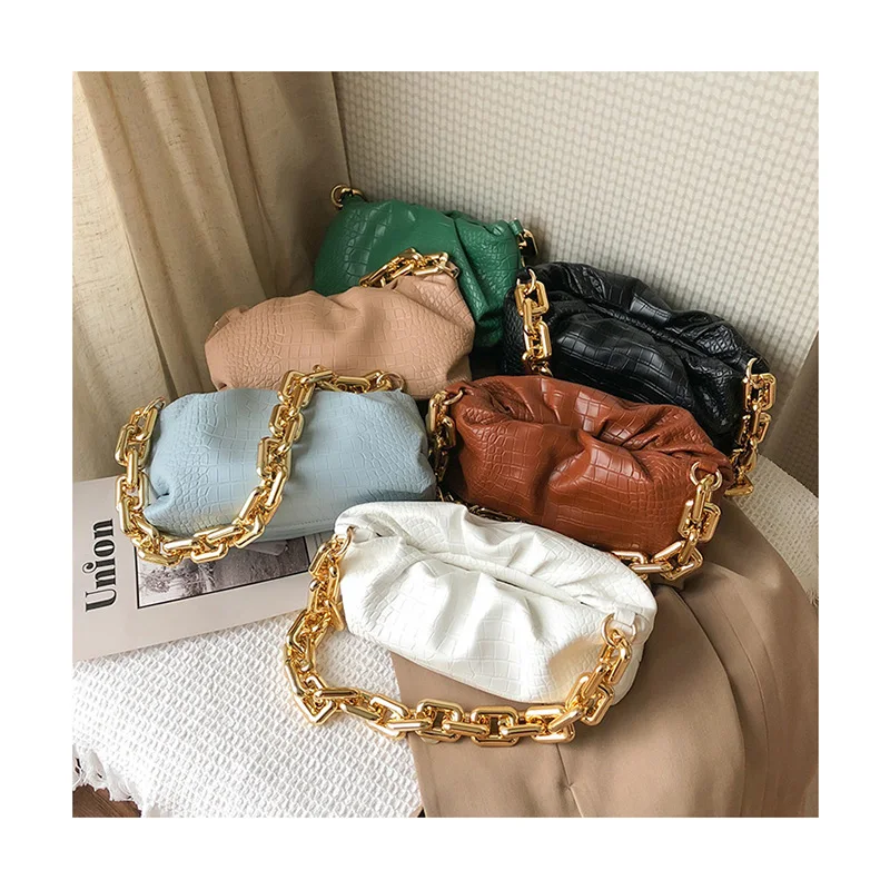 

One-shoulder Crocodile underarm bag fashion women's Handbag Gold thick chain wild portable Soft Leather Folds Dumpling cloud bag