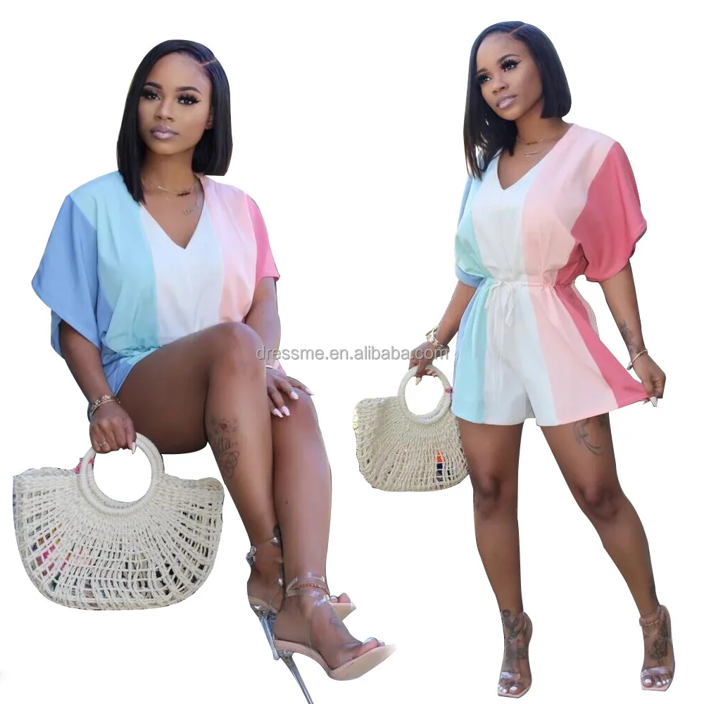 

MT124-5150 Wholesale striped splice Women Girls' Sexy v-neck Clothes Rainbow printing Lady Elegant Summer Casual jumpsuit