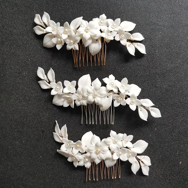 

SLBRIDAL Handmade Rhinestones Pearls Ceramic Flower Leaf Bridal Hair Comb Wedding Headpieces Hair accessories Women Jewelry