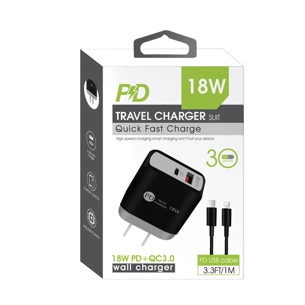 

Dual Port Qc 3.0 USB Charger Fast Charger With Cable For Iphone Wall Charger, White/black/blue/red