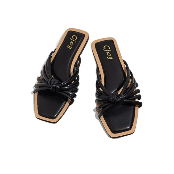 

Summer 2021 factory wholesales leather knotted flat slipper for ladies slip on sandals fashion outdoor beach slide, 4 as picture