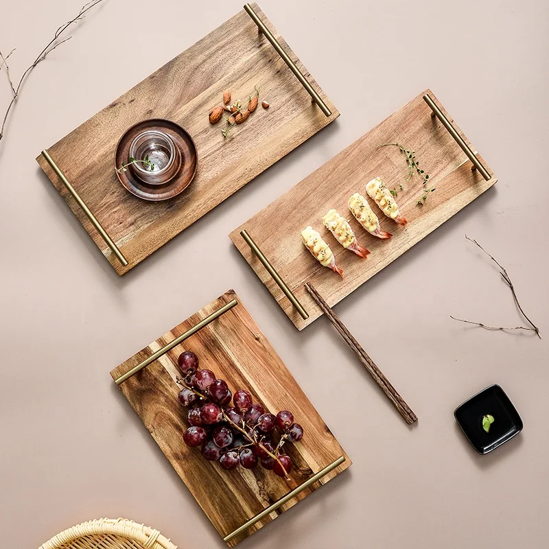 

Hot selling acacia wood handle tray hotel tea tray fruit bread chopping board rectangular wooden dinner plate