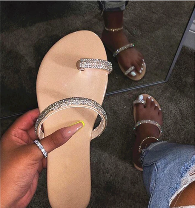 

2022 New Popular Summer Slippers for Women Ladies Shoes Bling Rhinestone Sandals, Black, apricot, snakeskin, rainbow