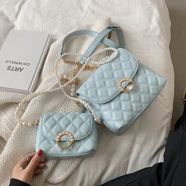 

2021 Fashionable pearl chain women PU shoulder hand bags small square handbags for Lady, Black,beige,blue,yellow