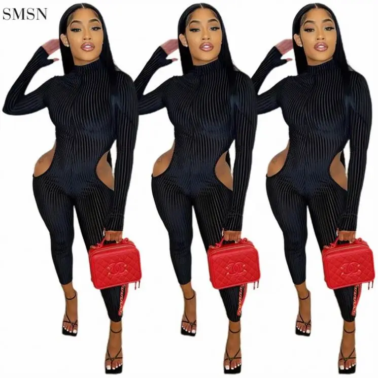 

Fashion 2021 Women Bodysuits Women Sexy Hollow Out Long Sleeve Solid Color Waistless One Piece Jumpsuit