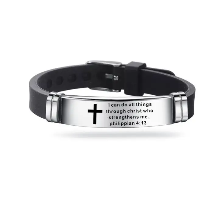 New Design Bible Verse Bracelets Men Silicone Bracelet Bible Prayer Quotes Christian Prayer Cross Engraved Statement Bracelet