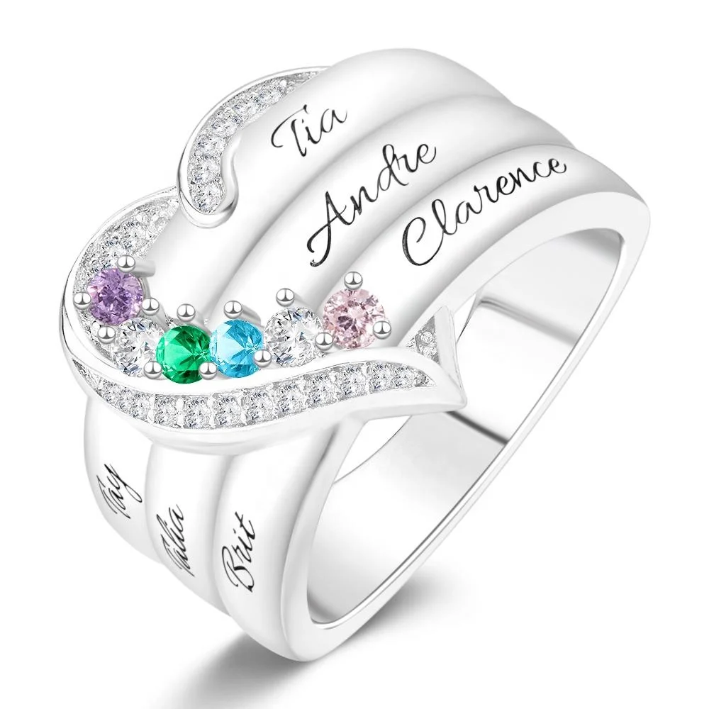 

S925 Silver Personalized Women Rings Ruby Ring Color Stones Engraved Six Name Colorful Heart Shape Zircon Ring