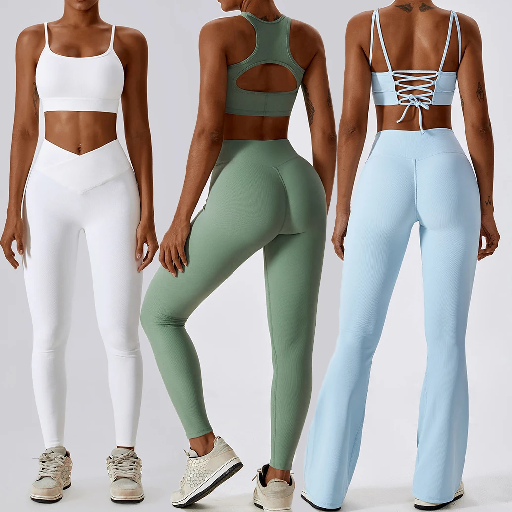 

SHINBENE Ribbed Sports Leggings Set Women 2 Pieces Cross Back Top Flare Pants Activewear Gym Tank Top Yoga Sets