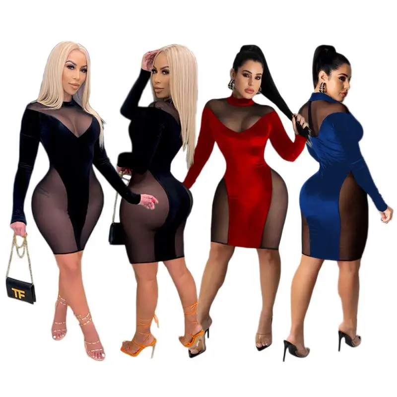 

Hot Sexy Ladies Clothing Long Sleeve Mesh Patchwork See Through Plus Size Club Wear Women Bodycon Dress