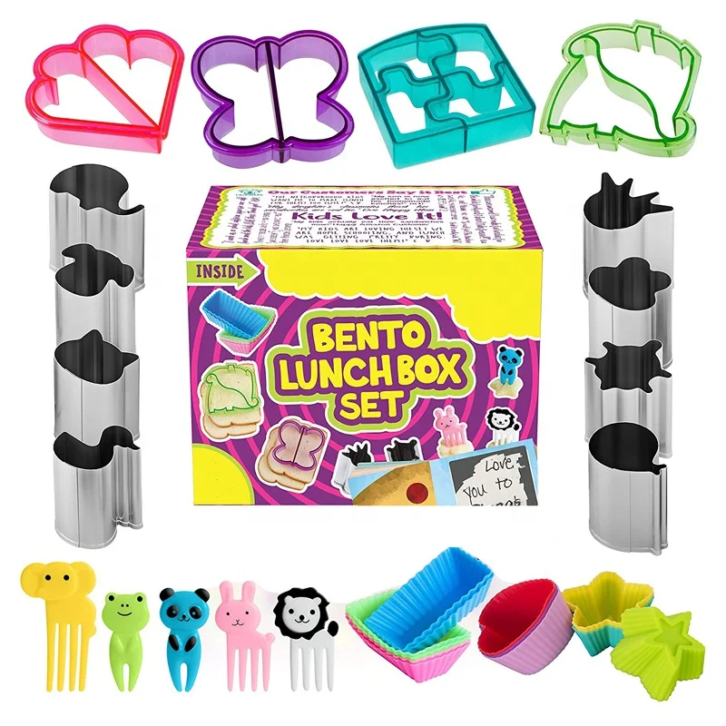 

Complete Lunch Box Supplies Accessories for Kids Sandwich Bread Shape Remover Vegetable Fruit cookie cutters Silicone Cup mold