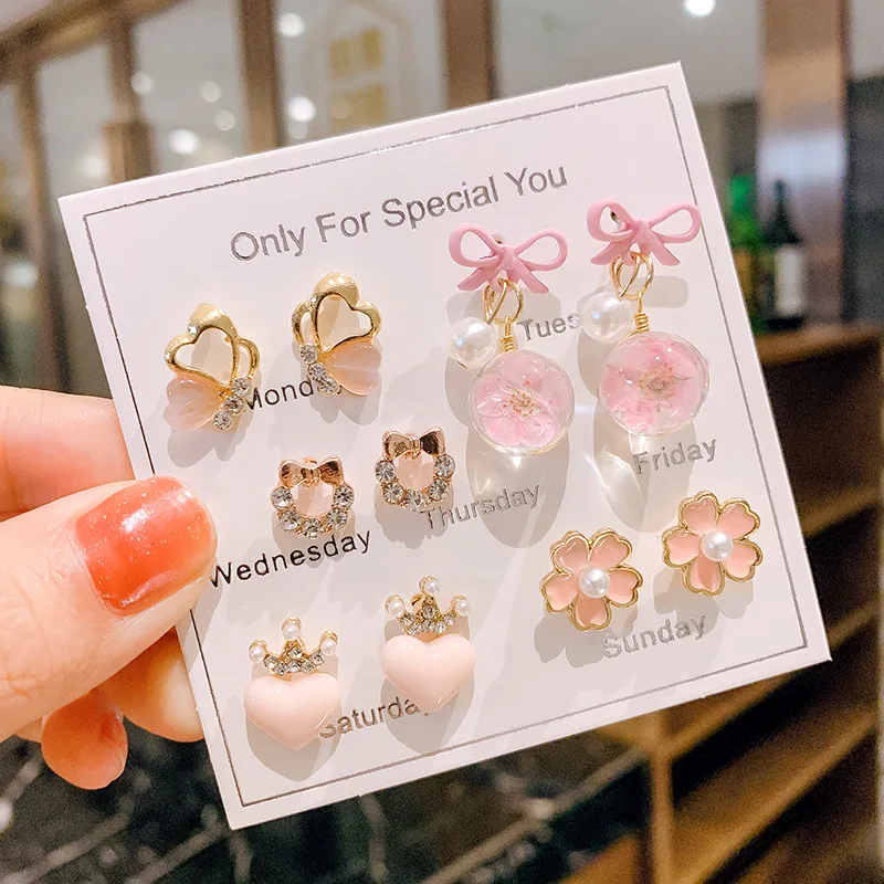 

Wholesale 5/6 pairs Mixed Cute Crystal Earrings Set For girl kid women Pink Flower Heart Earrings, As picture