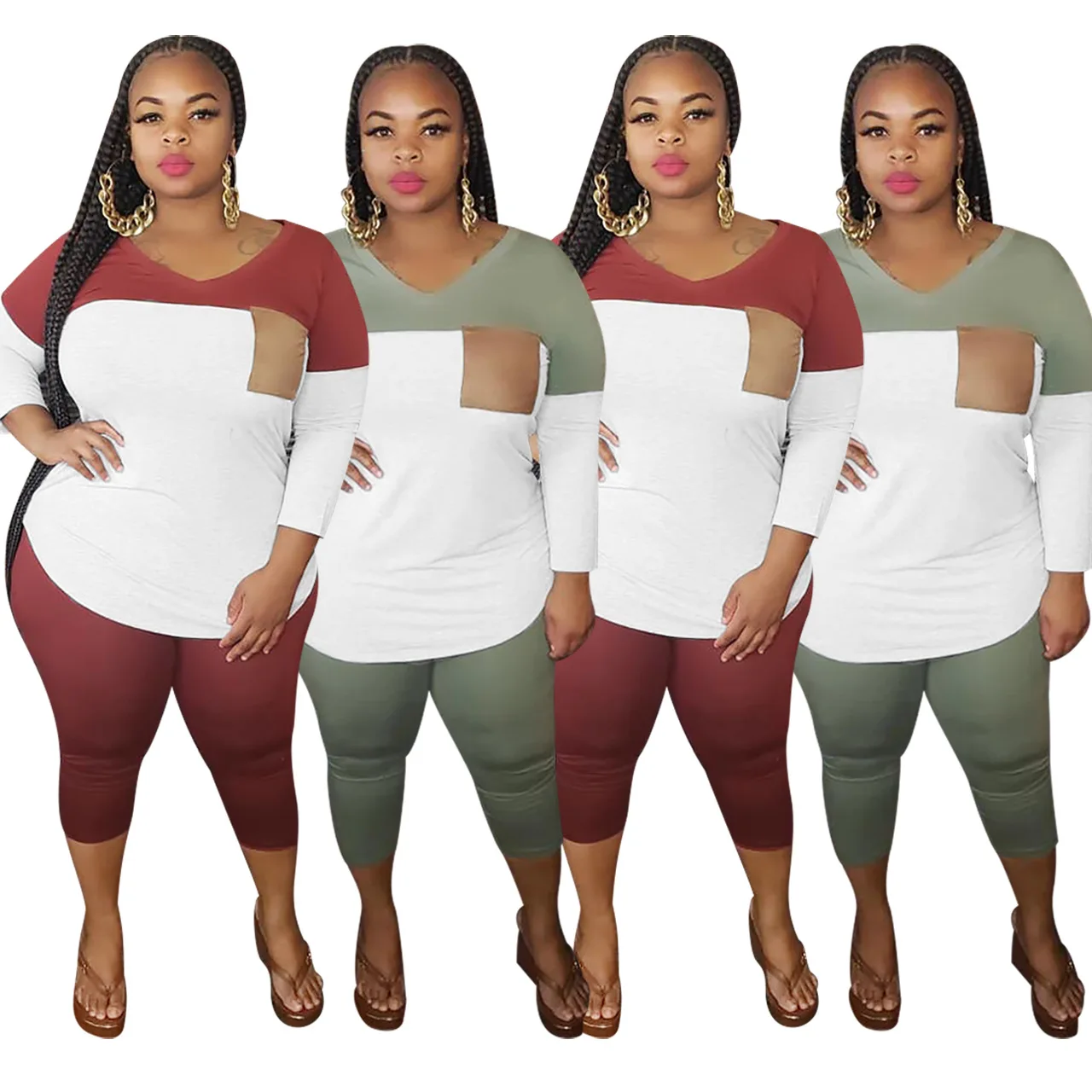 

F21110A hot style 4XL plus-size women's v-neck multi-color Mosaic two piece set women clothing, Red, green
