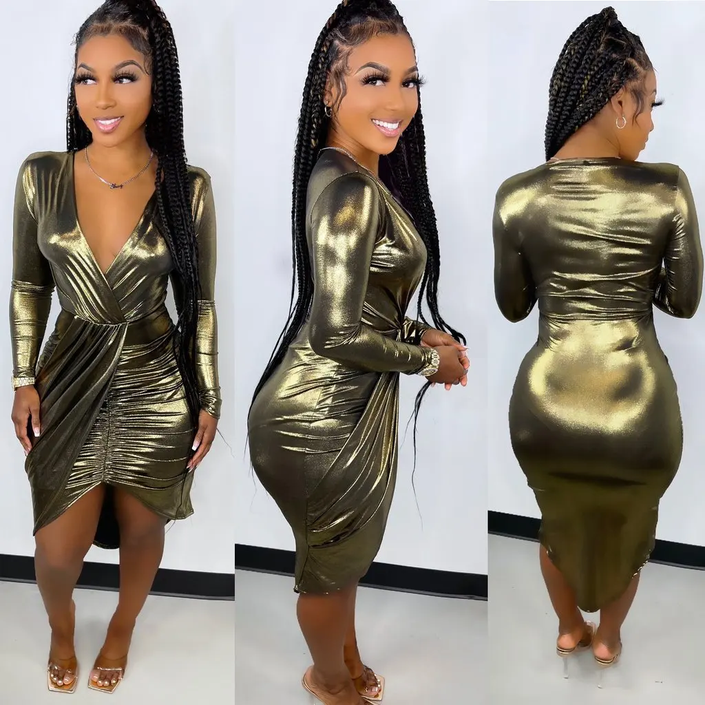 

X05287s Spring And Autumn New Fashionable Dress Women's V-neck Hot Gold Shiny Nightclub Slim Package Hip Sexy Dress, Gold blue