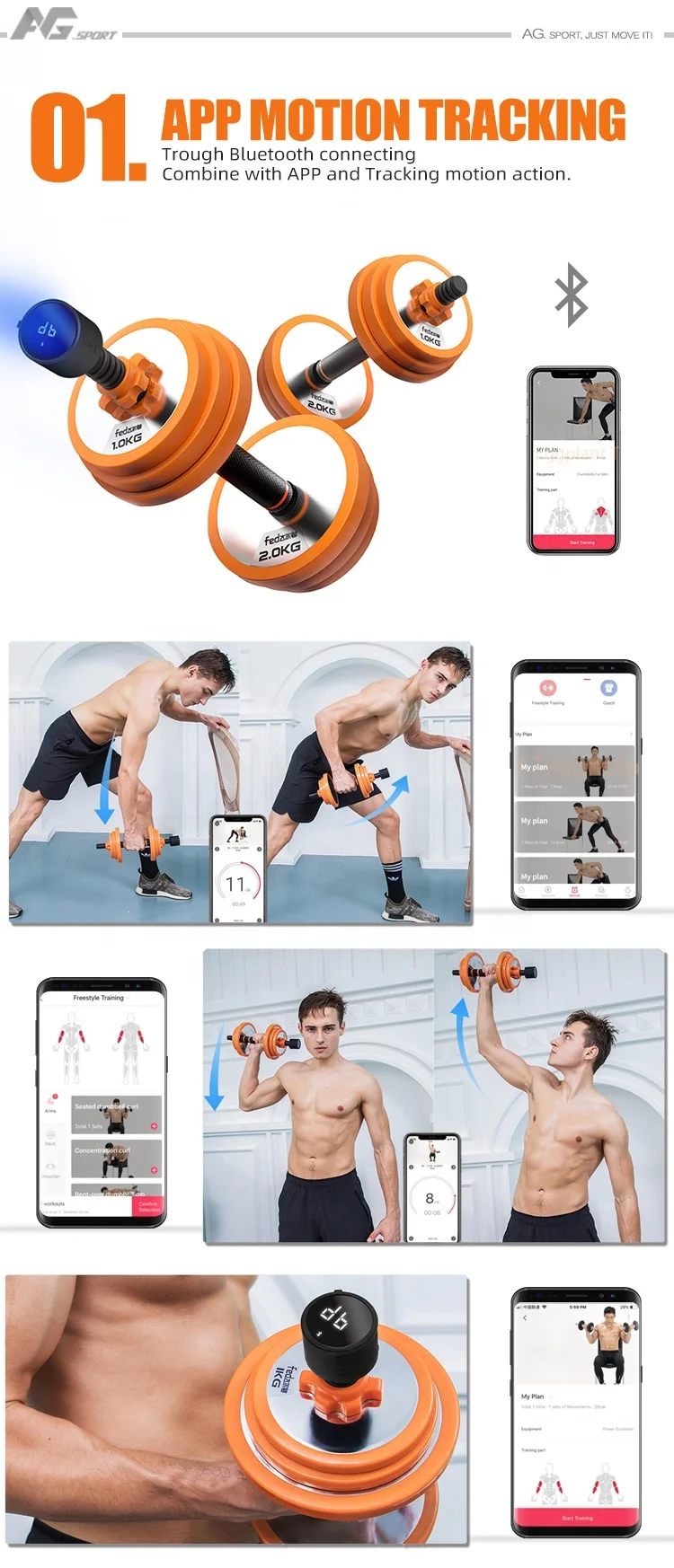 
2020 New Technology Smart Wireless Mobile App Tracking Weight Lifting Adjustable Fitness equipment dumbbell set 