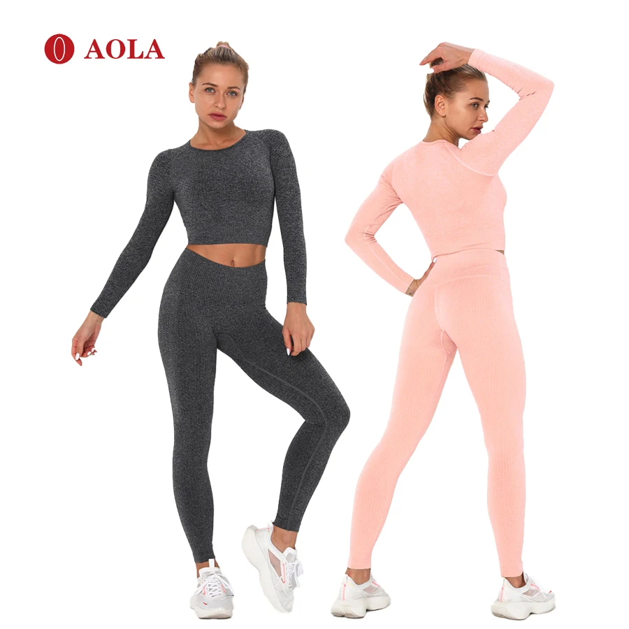 

AOLA New Yoga Sets Running Wear Workout Top Clothes and Short Pant Custom Jogger 2 Piece Long Sleeve Set For Women