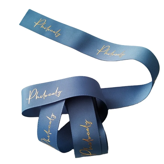 

Blue Grosgrain Ribbon Printed Custom Logo and Design Luxury Gift Ribbon 3D Foil Double Face RIBBONS 100% Polyester Custom Size