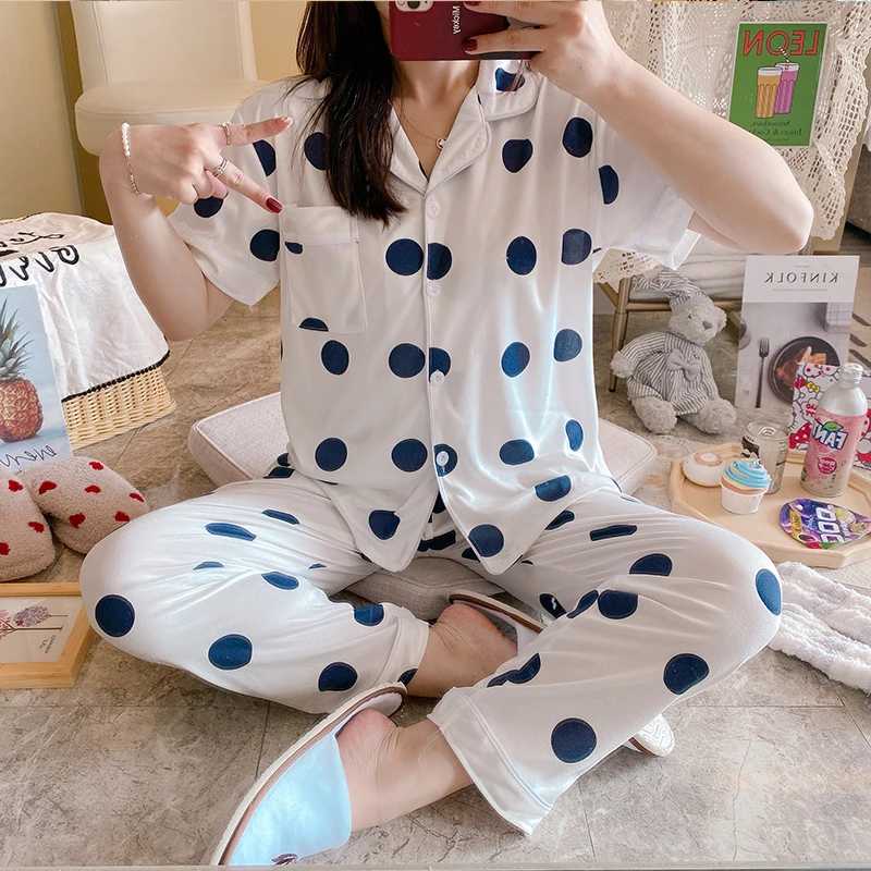 

Summer Women's Cardigan Sleepwear Milk Silk Dot Printed Pijamas Short Sleeves Pants 2Pcs Nighty Leisure Home Dress For Female, Picture shows