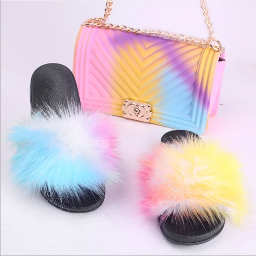 

wholesale women mink fur slides sandals fox fur furry slides with purse set, Customized color