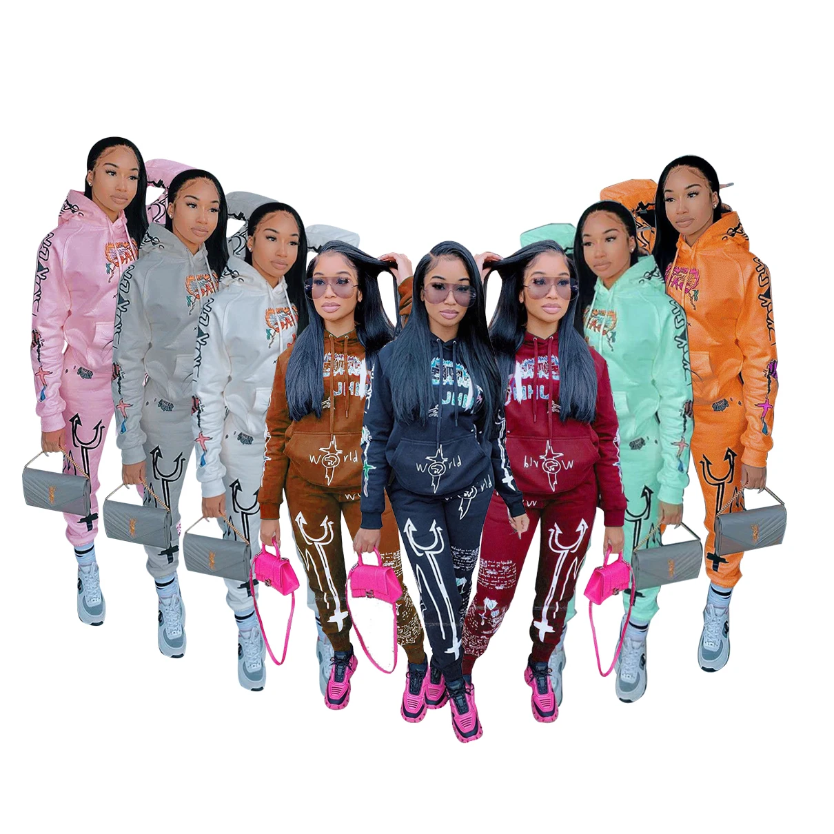 

Womans 2 piece set 2021 Floral Printed Sweatshirts Jogger Customized For Women Fall Streetwear Hoodie 2 Piece Set