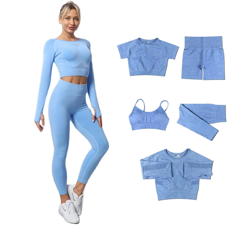 

5 piece Sports Set Womens seamless High Waist Leggings + Sports Bra gym sets clothing short long sleeve crop top yoga set, Blue purple plum green pink khiki grey