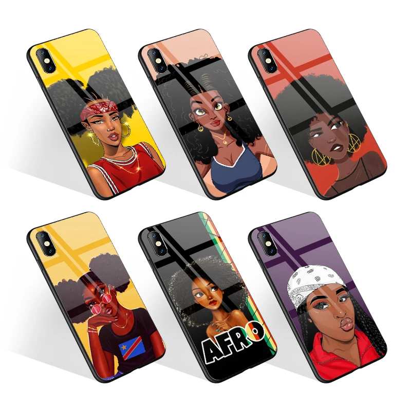 

Hot Selling Melanin Poppin Black Girl Art Designer Phone Cover Tempered Glass Phone Cases for iPhone 13 12 11 Pro Max