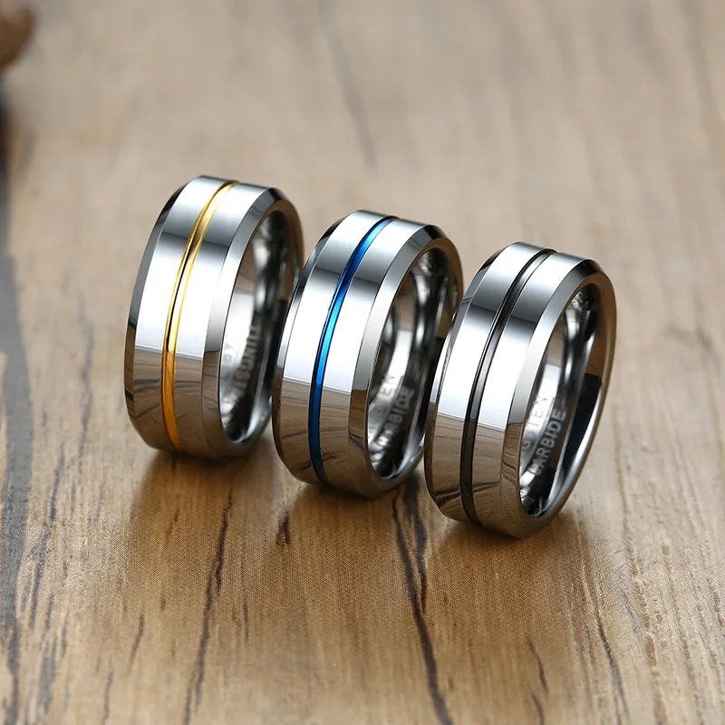 

Trendy 8mm Simple Tungsten Ring Men Yellow/Gray/Blue Groove Rings Wedding Anniversary Party Ring Male Jewelry