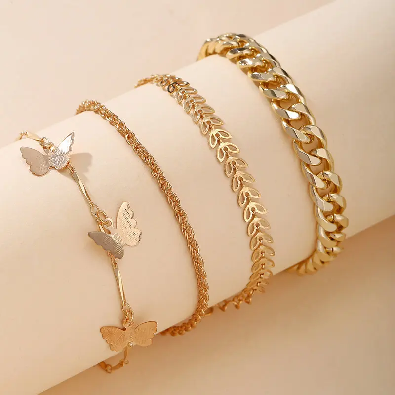 

4PCS/Set link chain Charm Bracelets Set for Women Gold butterfly pendant Bracelet Jewelry Wholesale