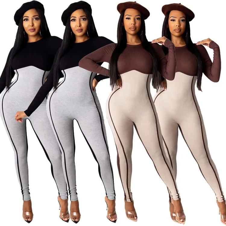 

2021 Latest Design Good Quality Women Fashion Clothing Long Sleeve Patchwork Jumpsuit Women One Piece Jumpsuits And Rompers