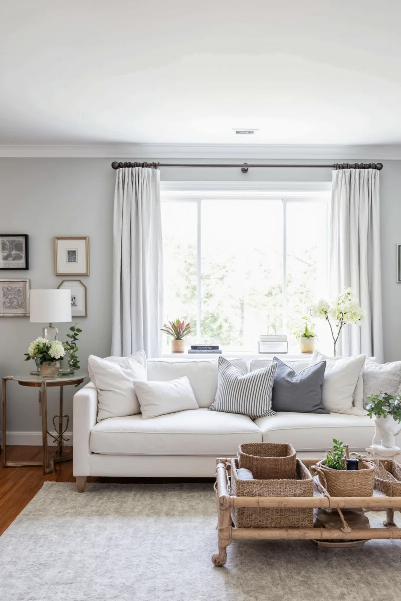 Nursery with gray walls, white furniture, and mustard accents