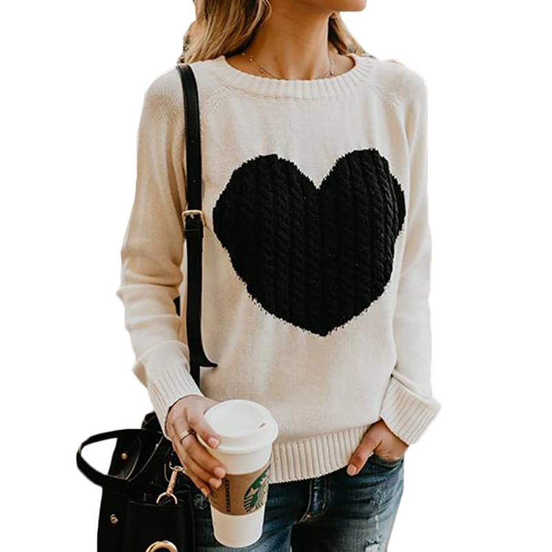 

Heart Print Custom Print Knitted Sweaters New Women Sweater 2021 Heart Sweater, Rosy/gray/black/apricot/white/ navy blue