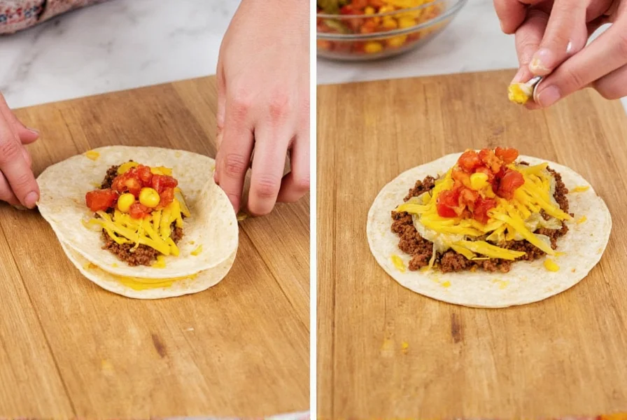 Chili tacos recipe assembly process showing tortilla filling technique and topping arrangement