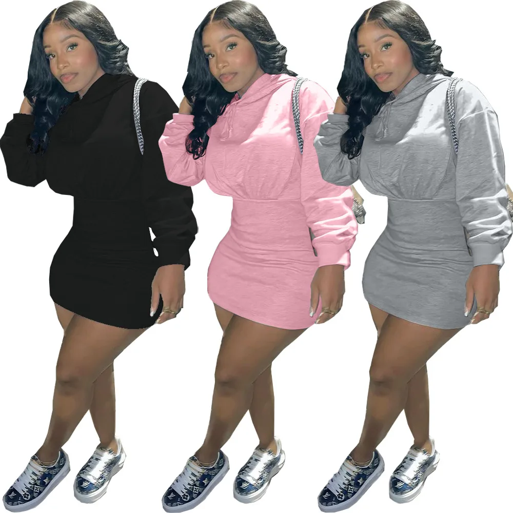 

WOW8639-Wholesale Solid Color Cotton Sweatshirt Hooded Mini Dress Women Winter Casual Dresses Long Sleeve
