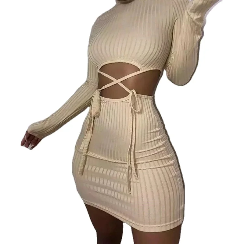 

Women Bandage Sling Dress Full Sleeve Hollow Out Ribbed Bodycon Elastic Hight Casual Turtleneck Streetwear Fashion Outfits, Shown