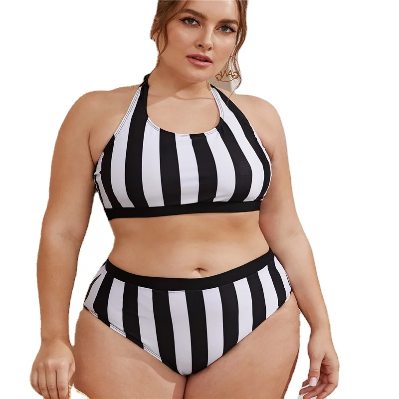 

Striped Halter Large Size Bikinis 2021 Woman Plus Size Swimwear For Womens Tankini Swimsuits For Big Breasts Swim Suits