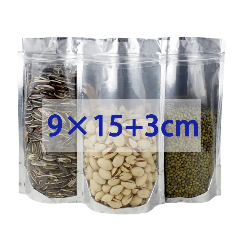 

In stock 9*15cm stand up one side transparent other side aluminum ziplock food packaging aluminum foil bag