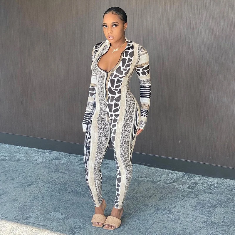 

Sexy Skinny Long Sleeve Printed Backless Floral Jumpsuit For Women