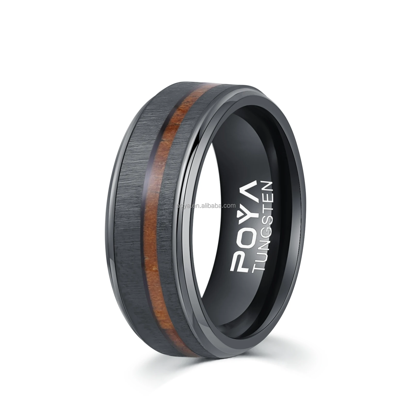 POYA Men's Tungsten Carbide Ring with Whiskey Wood Inlay Beveled Edges Engagement Jewelry