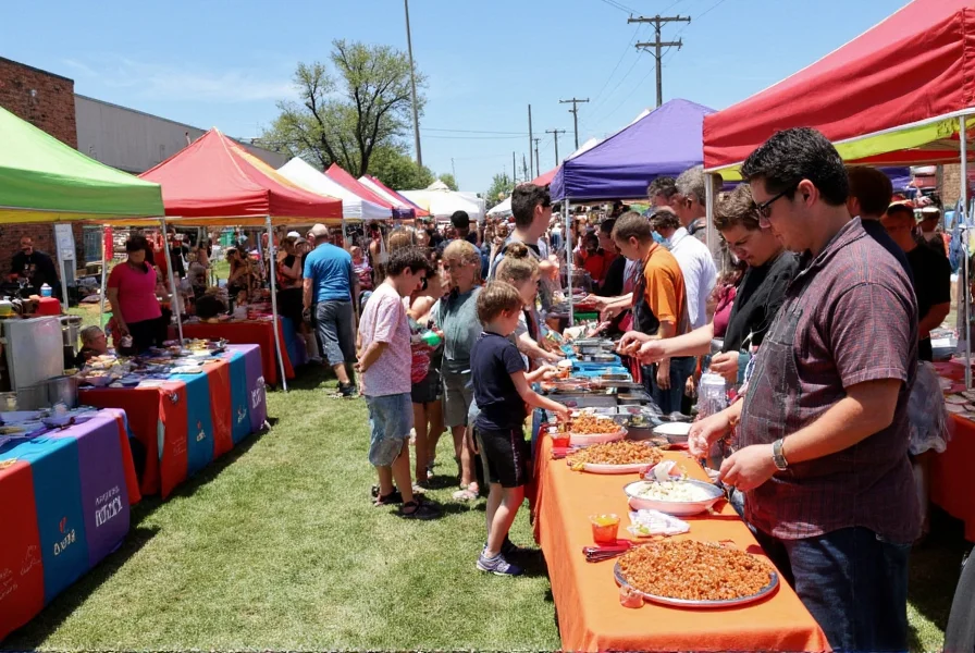 Colorful chili festival scene with multiple cooking stations, judges sampling chili, and festival attendees enjoying food under sunny skies
