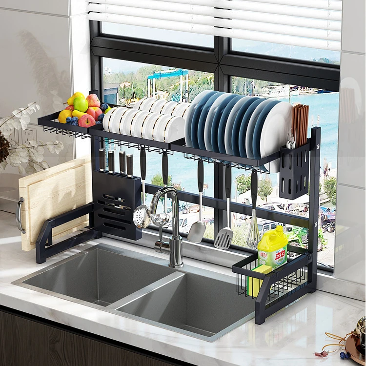 

Gaungzhou draining hanging 1 layer 1 tier 201 stainless steel over the kitchen sink dish drainer rack holders, Black