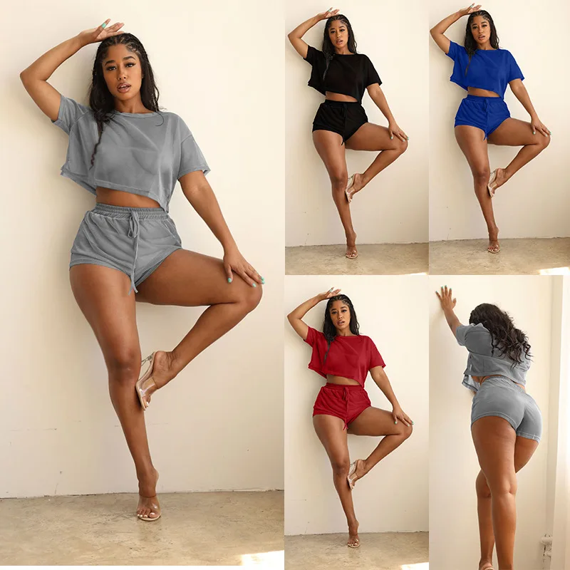 

FS4480D Women Two Piece Set mesh Tops and Shorts club wear Matching Suits