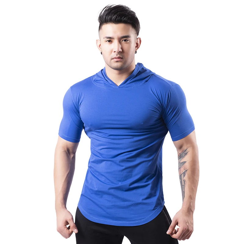 

Hot Sale White Color Tee Short Sleeve Gym T-Shirt Polyester Spandex Sports Tee With Hood Fitness Exercise Men'S T-Shirt, Black,army green