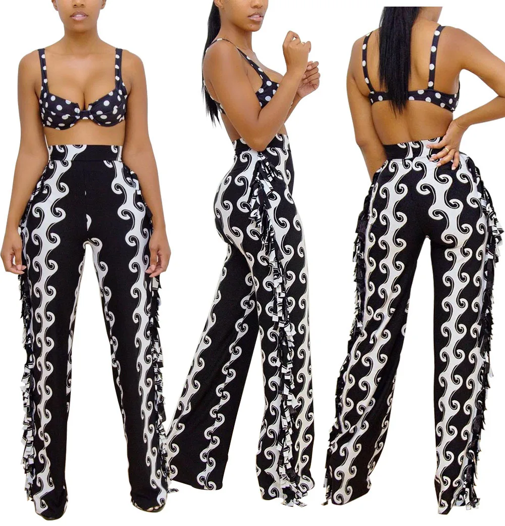 

2022 Women Clothing Elegant Pants Sexy Bodycon Trendy Fringed Black White Printed Ladies Tassel Pants, Picture color